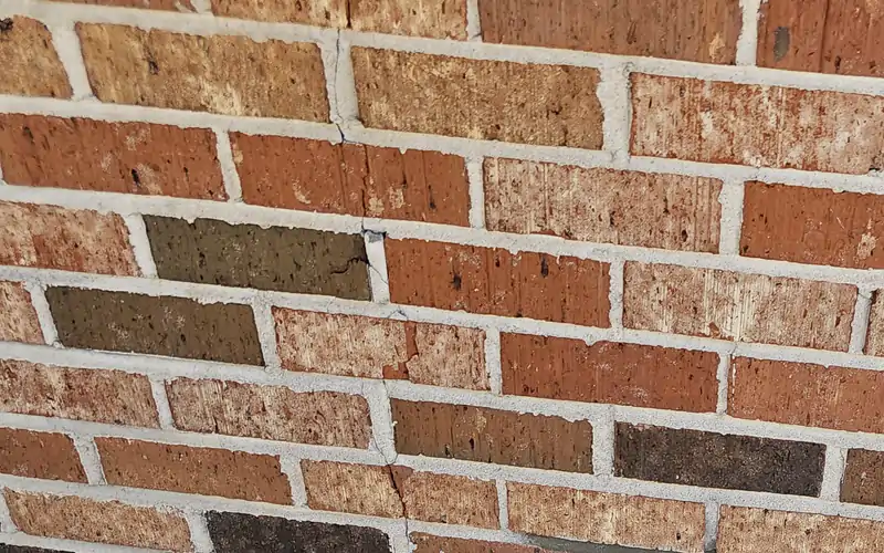 Mixed tone face brick at close range with a crack stepping down through the mortar joints.
