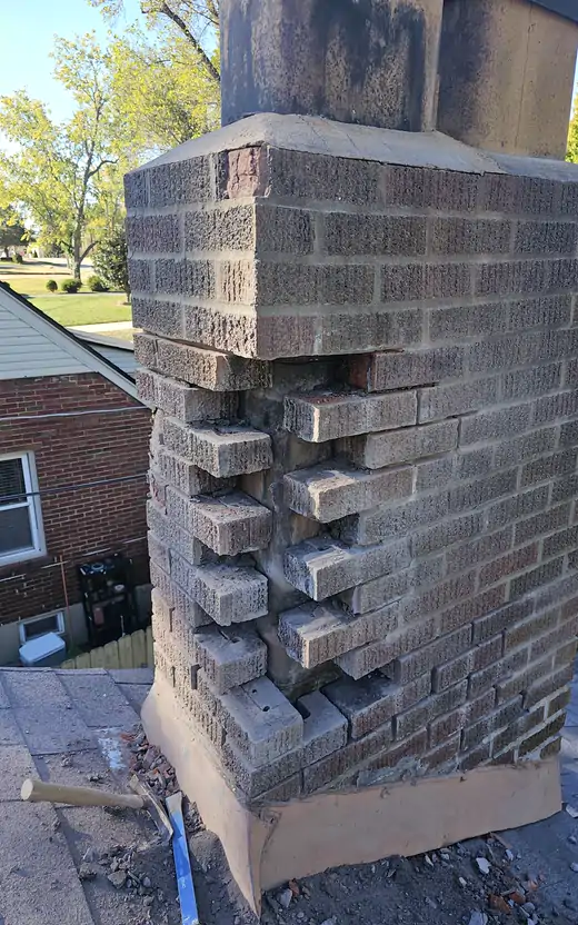 Corbel courses on a chimney stepped out of line, the bricks under them crumbling away.